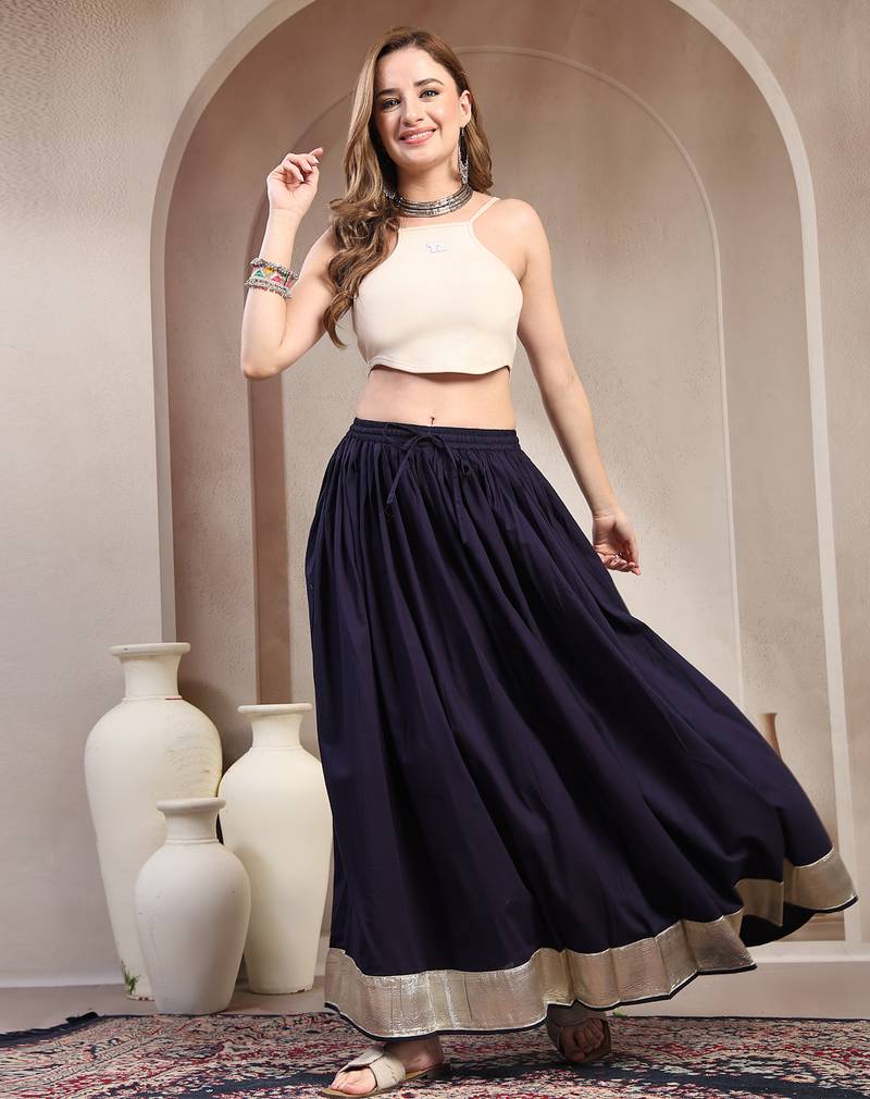 Blue plain cotton flared maxi skirt for women
