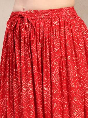 Red floral printed cotton flared maxi skirt for women 4