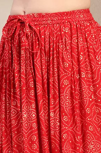 Red floral printed cotton flared maxi skirt for women