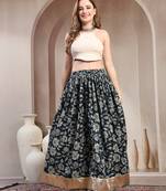 Black floral printed cotton flared maxi skirt for women