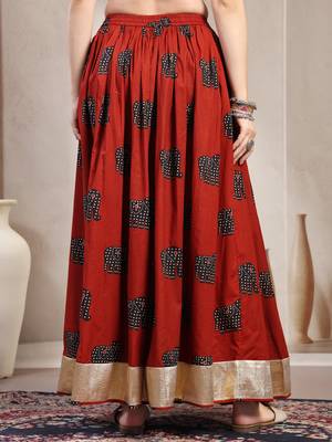 Orange graphic printed cotton flared maxi skirt for women 3