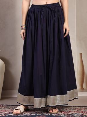 Blue plain cotton flared maxi skirt for women 2