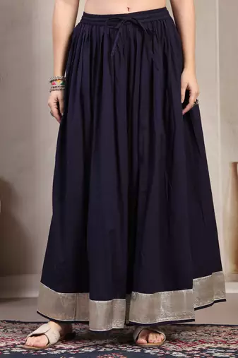 Blue plain cotton flared maxi skirt for women