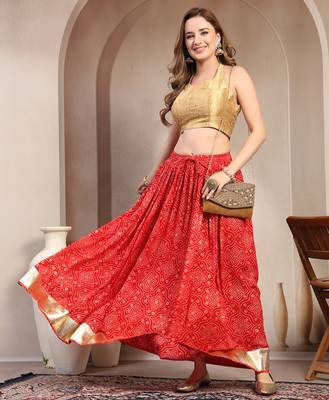 Red floral printed cotton flared maxi skirt for women 5