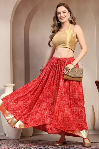 Red floral printed cotton flared maxi skirt for women