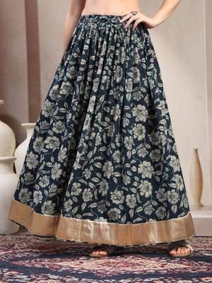 Black floral printed cotton flared maxi skirt for women 2