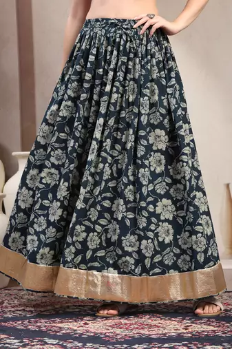 Black floral printed cotton flared maxi skirt for women