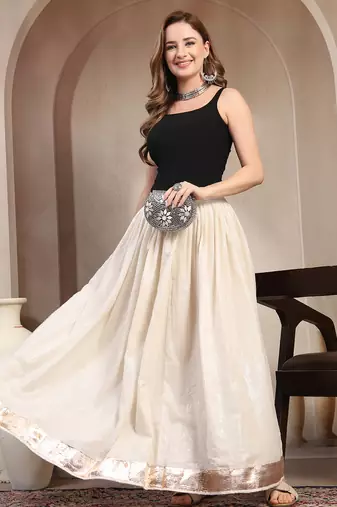 White plain cotton flared maxi skirt for women