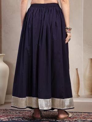 Blue plain cotton flared maxi skirt for women 3