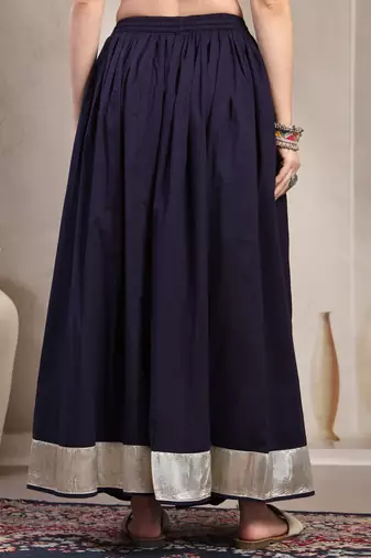 Blue plain cotton flared maxi skirt for women