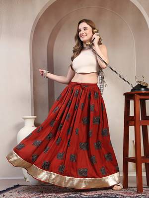 Orange graphic printed cotton flared maxi skirt for women 5