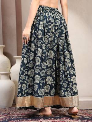 Black floral printed cotton flared maxi skirt for women 3