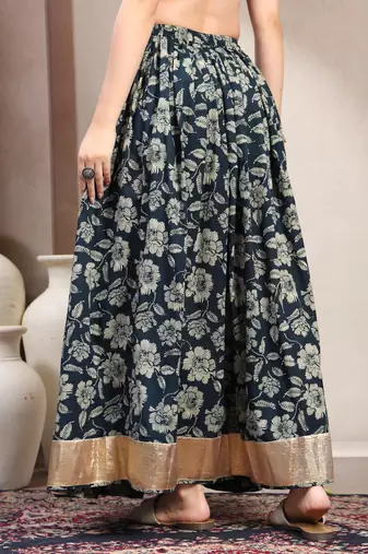 Black floral printed cotton flared maxi skirt for women