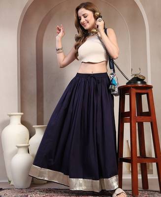 Blue plain cotton flared maxi skirt for women 5