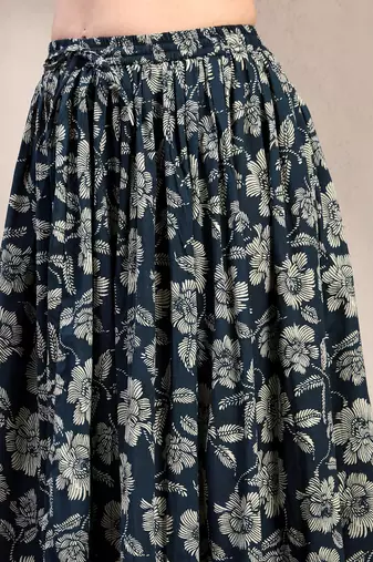 Black floral printed cotton flared maxi skirt for women