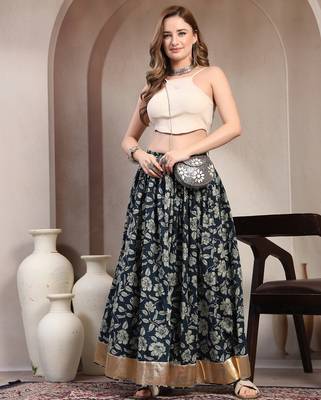 Black floral printed cotton flared maxi skirt for women 5