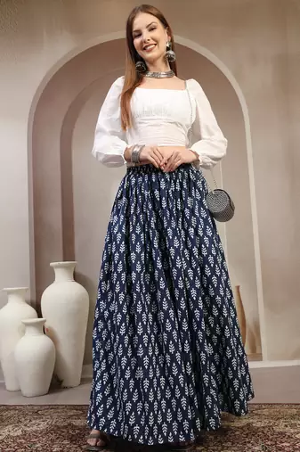 Blue floral printed cotton flared maxi skirt for women