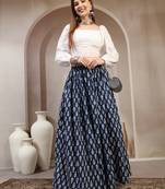 Blue floral printed cotton flared maxi skirt for women