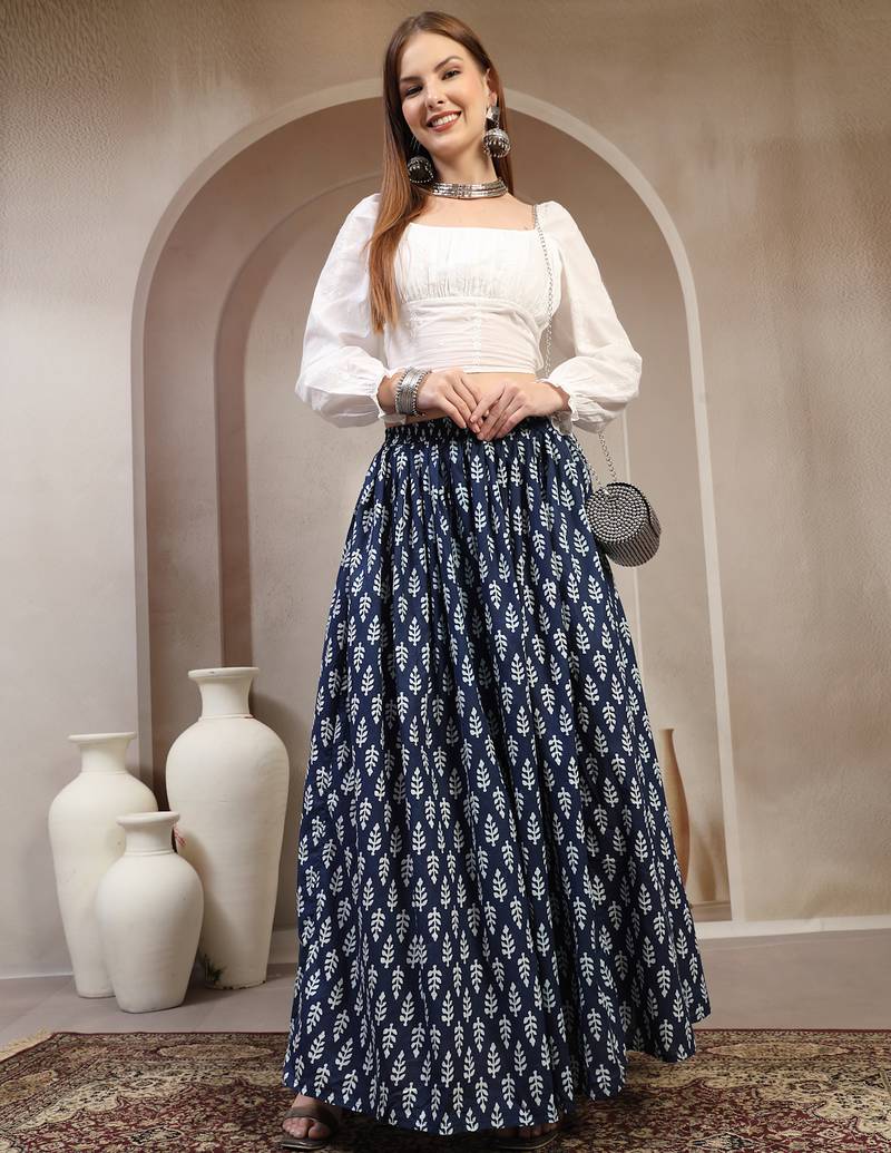 Blue floral printed cotton flared maxi skirt for women