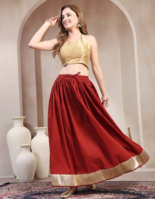 Red plain cotton flared maxi skirt for women 1
