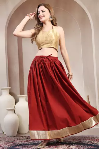 Red plain cotton flared maxi skirt for women