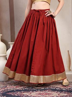 Red plain cotton flared maxi skirt for women 2
