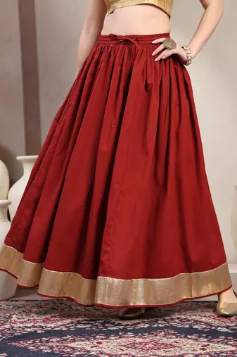 Red plain cotton flared maxi skirt for women