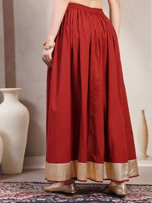 Red plain cotton flared maxi skirt for women 3
