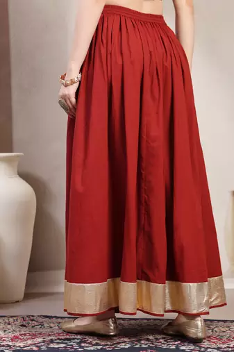 Red plain cotton flared maxi skirt for women