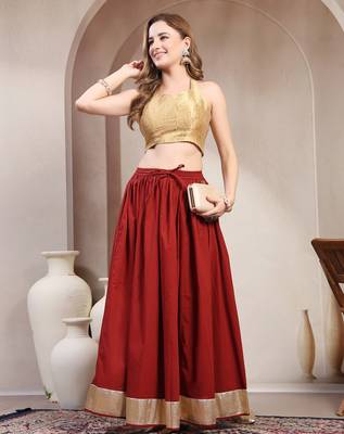 Red plain cotton flared maxi skirt for women 5