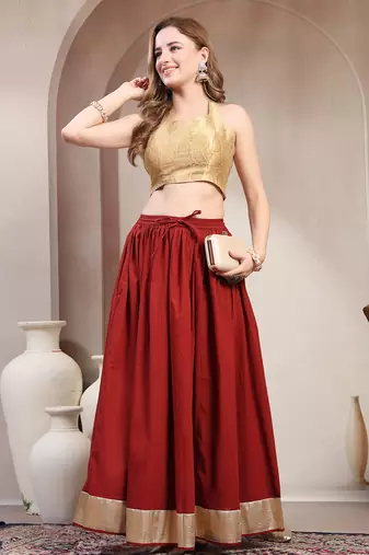 Red plain cotton flared maxi skirt for women