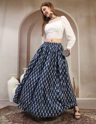 Blue floral printed cotton flared maxi skirt for women 5