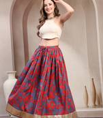 Blue floral printed cotton flared maxi skirt for women