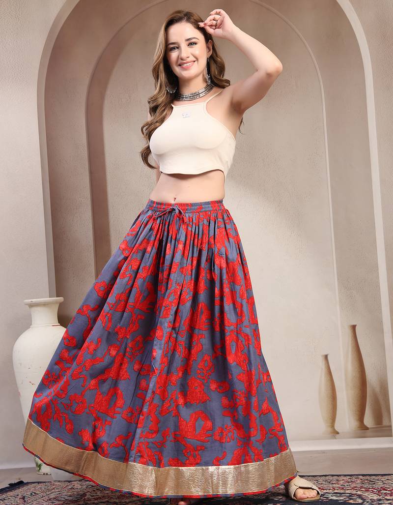 Blue floral printed cotton flared maxi skirt for women