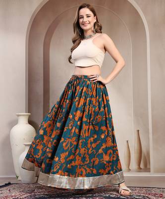 Teal floral printed cotton flared maxi skirt for women 1