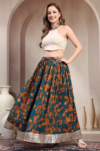 Teal floral printed cotton flared maxi skirt for women