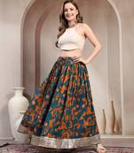 Teal floral printed cotton flared maxi skirt for women
