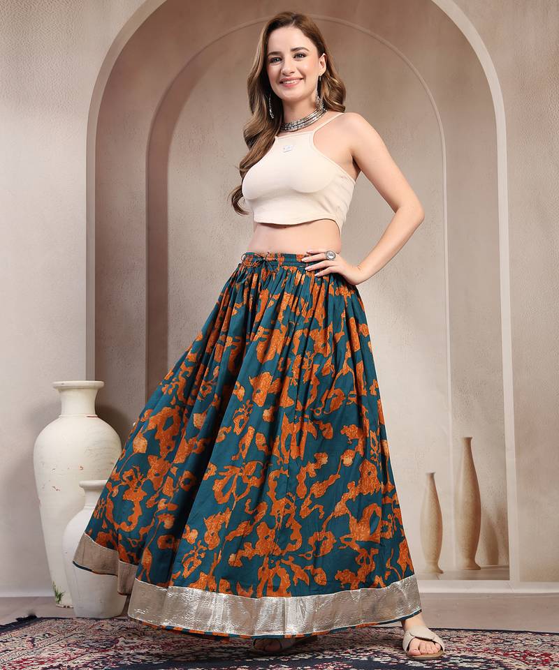 Teal floral printed cotton flared maxi skirt for women