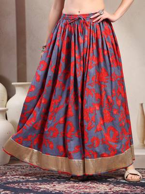 Blue floral printed cotton flared maxi skirt for women 2