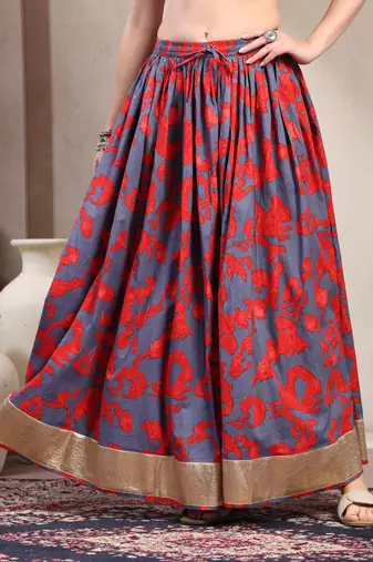 Blue floral printed cotton flared maxi skirt for women