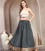 Black floral printed cotton flared maxi skirt for women