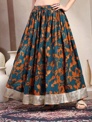Teal floral printed cotton flared maxi skirt for women 2