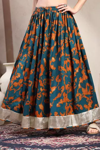 Teal floral printed cotton flared maxi skirt for women
