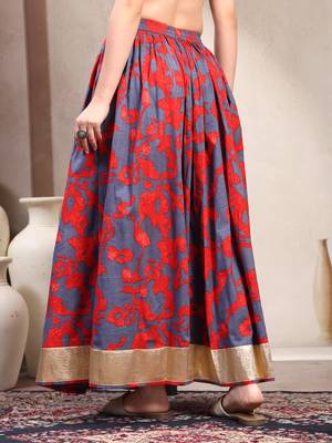 Blue floral printed cotton flared maxi skirt for women 3