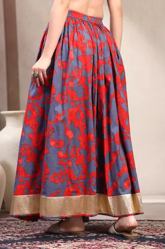Blue floral printed cotton flared maxi skirt for women