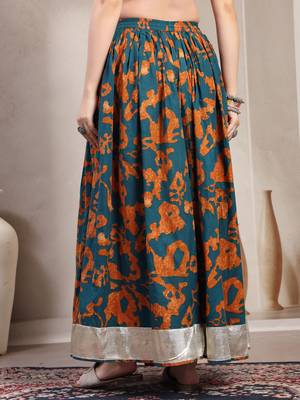Teal floral printed cotton flared maxi skirt for women 3