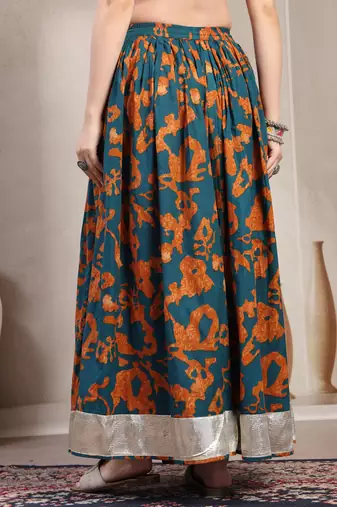 Teal floral printed cotton flared maxi skirt for women