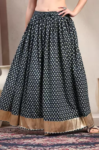 Black floral printed cotton flared maxi skirt for women
