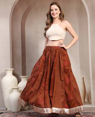 Brown color blocked cotton flared maxi skirt for women 1