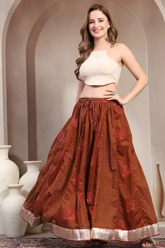 Brown color blocked cotton flared maxi skirt for women